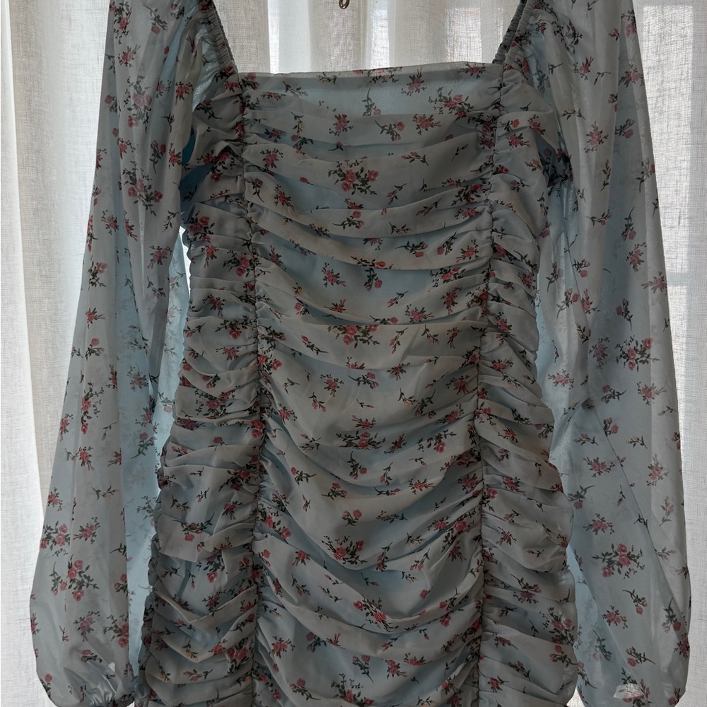 Chic Floral Ruched Mini Dress - Blue and Red